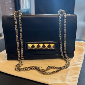 Authentic Valentino Black Leather Crossbody with Gold Pyramid Studs and Chain